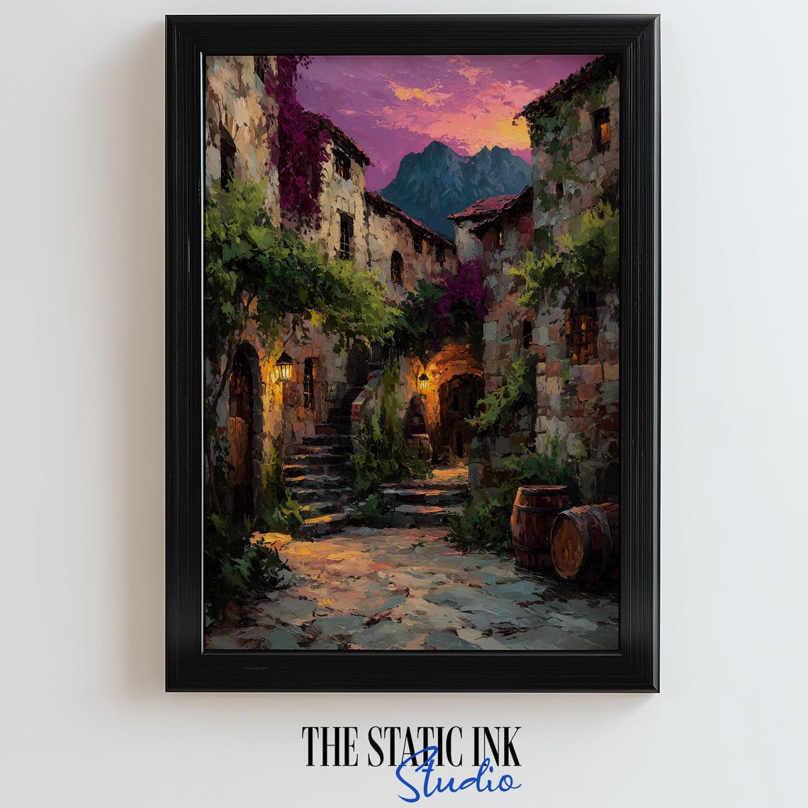 Mountain Village Courtyard at Sunset with Lanterns Art Poster