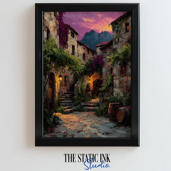 Mountain Village Evening Art Rustic Courtyard With Lantern Light Stone Houses Vines Barrels And Sunset Sky