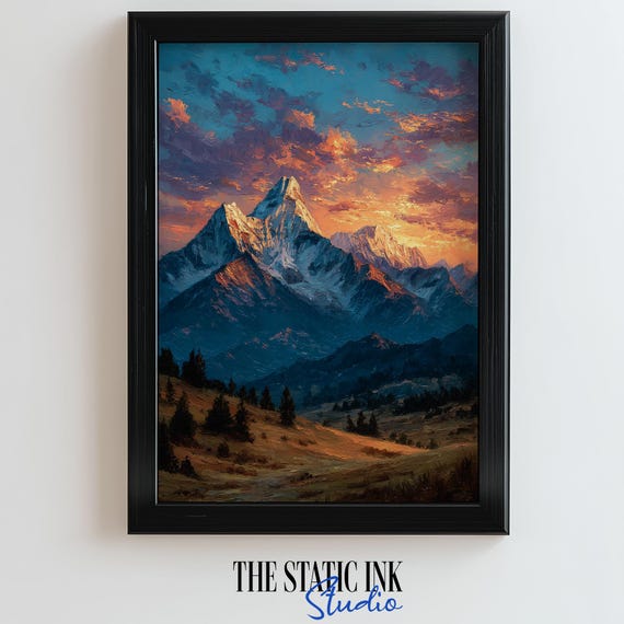 Snowy Mountain Sunset Landscape Wall Art Print Nature Painting 300 Dpi Scenic Decor