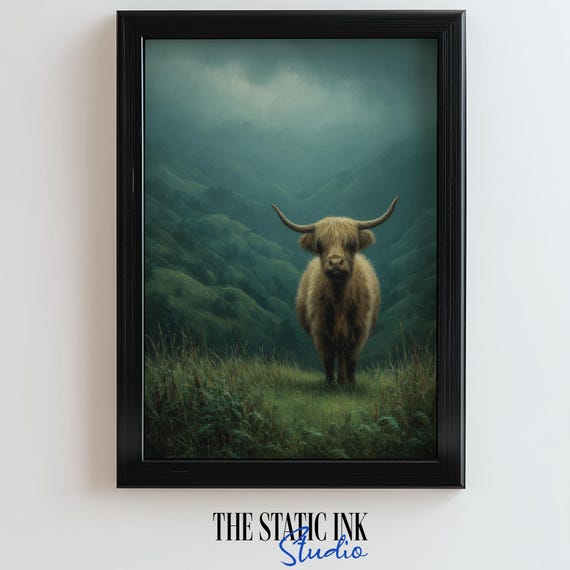 Highland Cow Wall Art Moody Mountain Landscape Painting With Scottish Cattle And Misty Green Hills