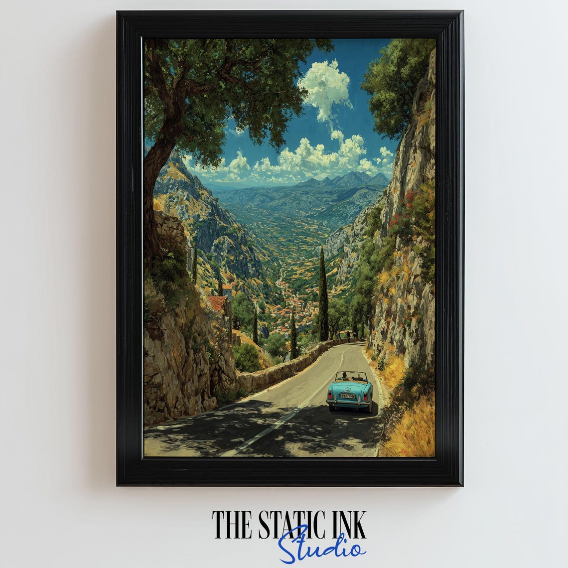 Blue Vintage Convertible On Mediterranean Cliff Mountain Road Poster