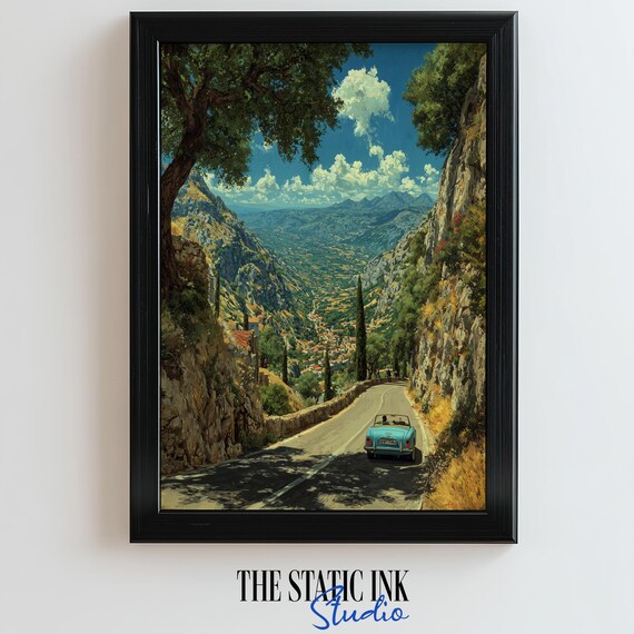 Blue Vintage Convertible On Mediterranean Cliff Mountain Road Poster