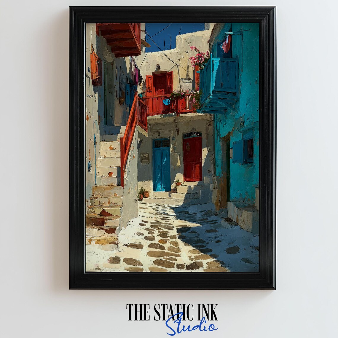Colorful Greek Alleyway Mediterranean Island Village Painting Poster
