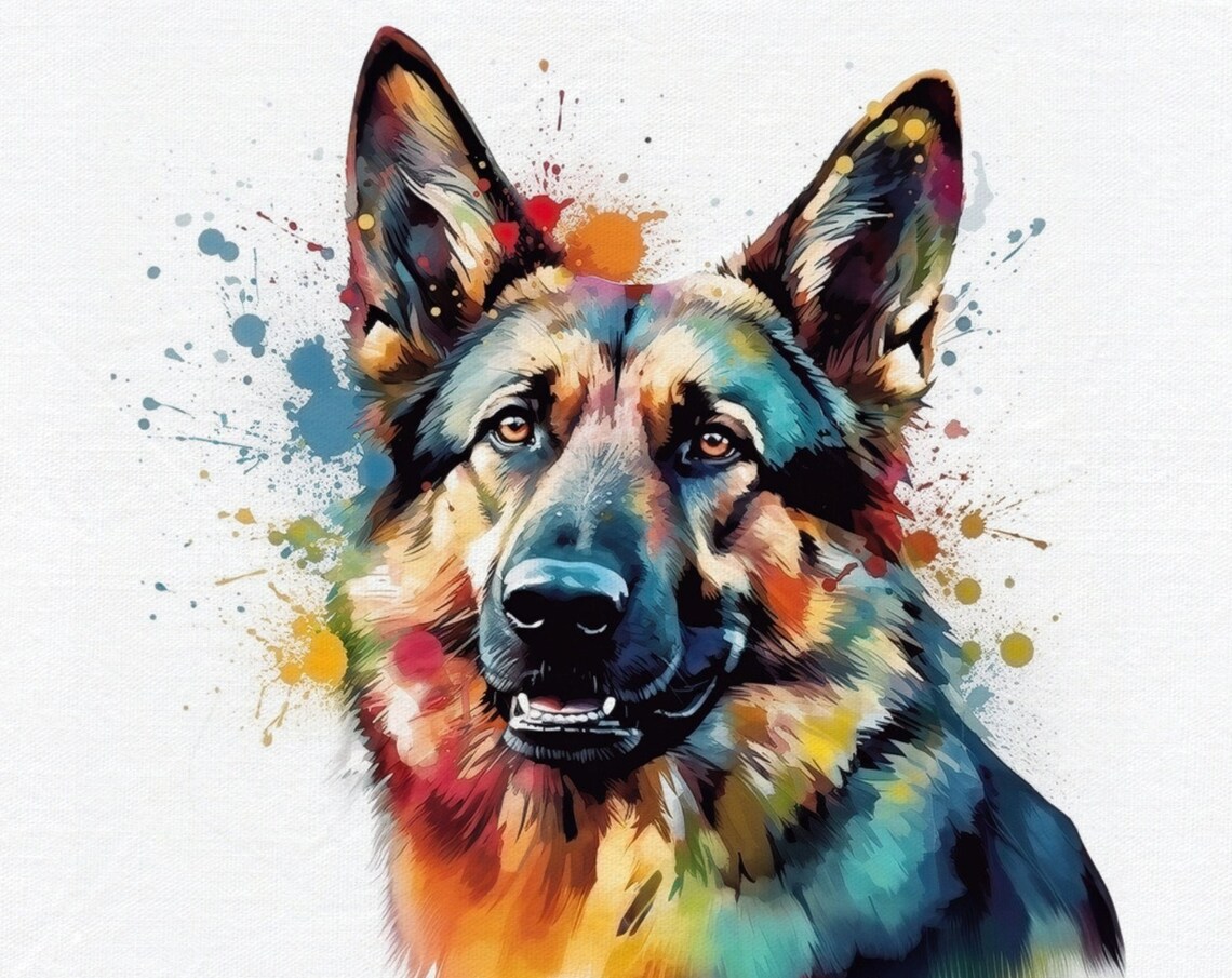 Watercolour German Shepherd Art Print, Colourful GSD