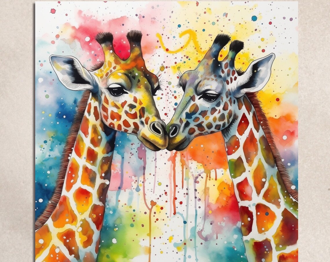 Two Giraffes Nuzzling Watercolor Splash Colorful Wildlife Art Poster