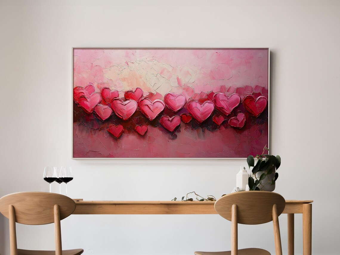 Romantic Pink Impasto Hearts Oil Painting Textured Love Wall Art Decor - Image 5