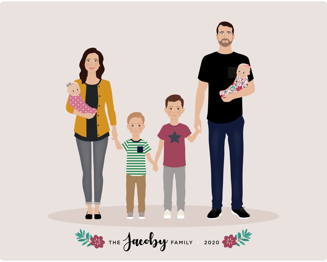 Personalized Family of Four with Three Cats Illustration Poster - Image 3