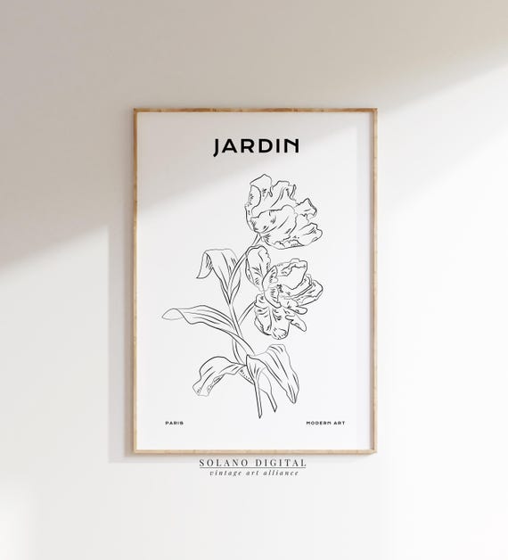 Vintage Botanical Flower Art Jardin Modern Line Drawing Minimalist Wall Decor Black And White Poster