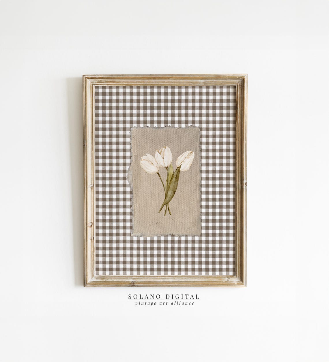 White Tulips On Brown Gingham Vintage Botanical Floral Wall Art