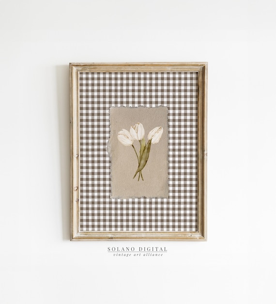 White Tulips On Brown Gingham Vintage Botanical Floral Wall Art