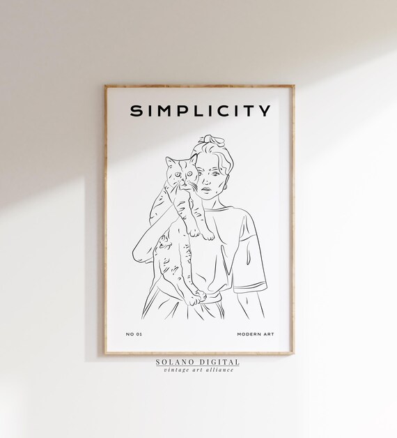 Modern Cat Line Art Print Wall Woman And Minimalist Pet Lover Poster Illustration Simplicity Deco