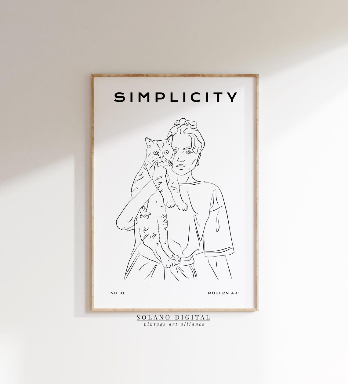Simplicity Woman Holding Cat Minimalist Modern Line Art Poster