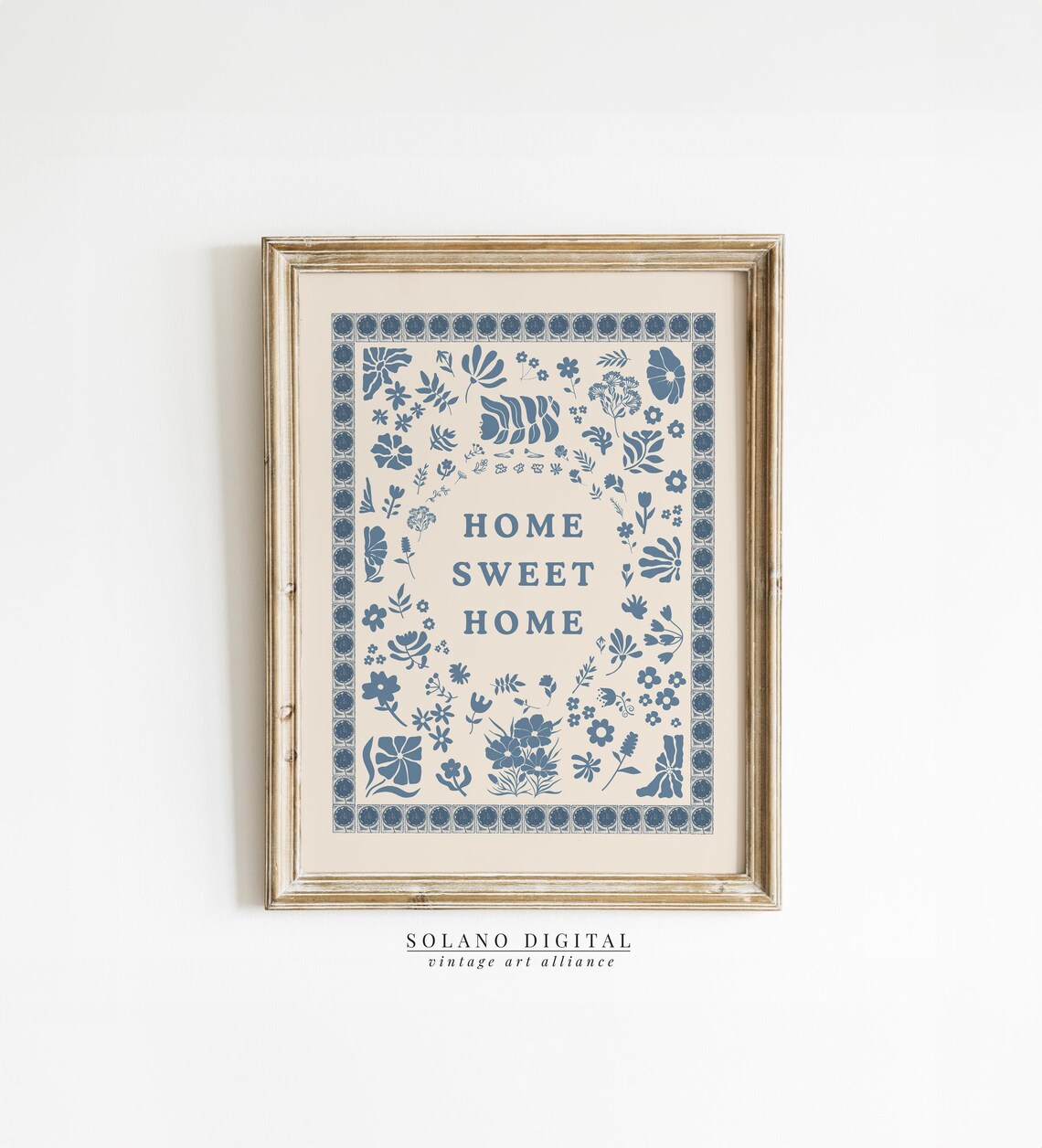 Charming Dusty Blue Folk Floral Wreath Home Sweet Home Quote Poster