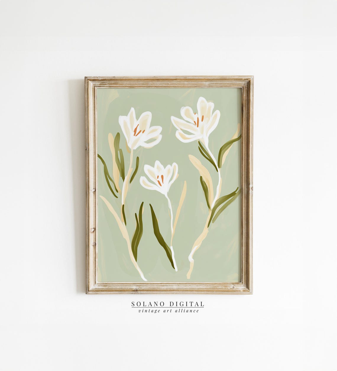 White Wildflowers on Sage Green Background Modern Floral Art Print