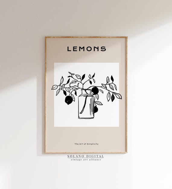 Lemon Branch Wall Art Minimal Botanical Line Drawing Modern Kitchen Fruit Decor Black And White Citrus