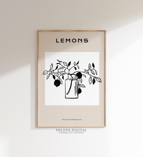 Lemons Branch in Vase Minimalist Botanical Line Kitchen Art Poster