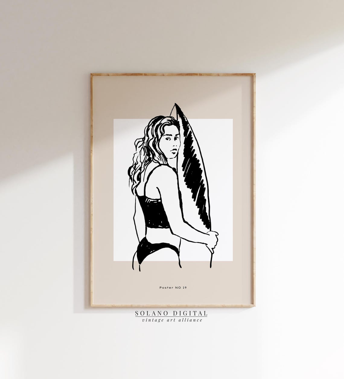 Surf Girl Line Drawing Minimalist Surfer Woman Beach Art Poster