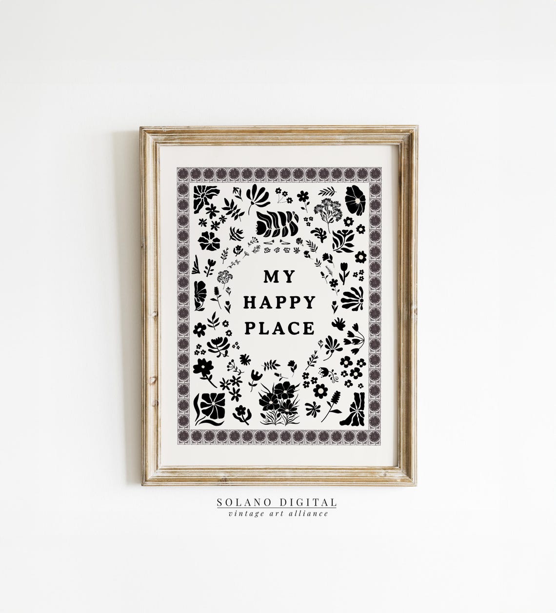 My Happy Place Black White Botanical Typography Quote Poster