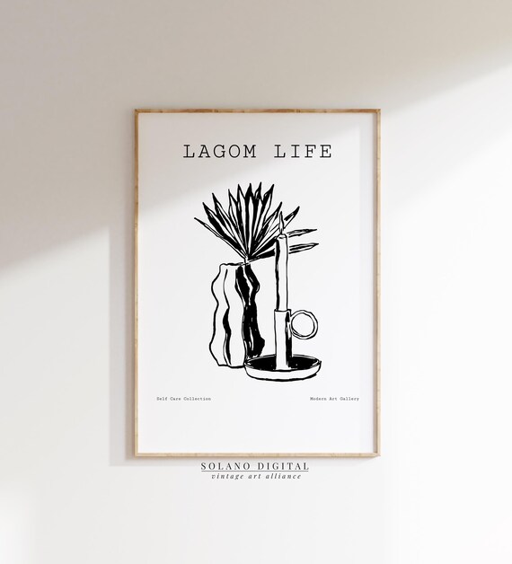 Lagom Life Wall Art Minimalist Scandinavian Line Drawing Candle Vase Decor Boho For Cozy Interior Style