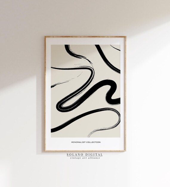 Abstract Line Art Minimalist Black Brush Strokes Neutral Beige Wall Modern Scandinavian Decor Instant