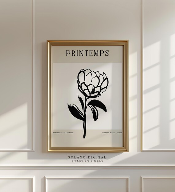 Minimalist Botanical Flower Print Modern Black And White Floral Illustration Parisian Inspired Nature Art