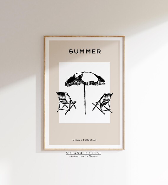 Summer Beach Chairs Fringed Umbrella Minimalist Line Art Poster