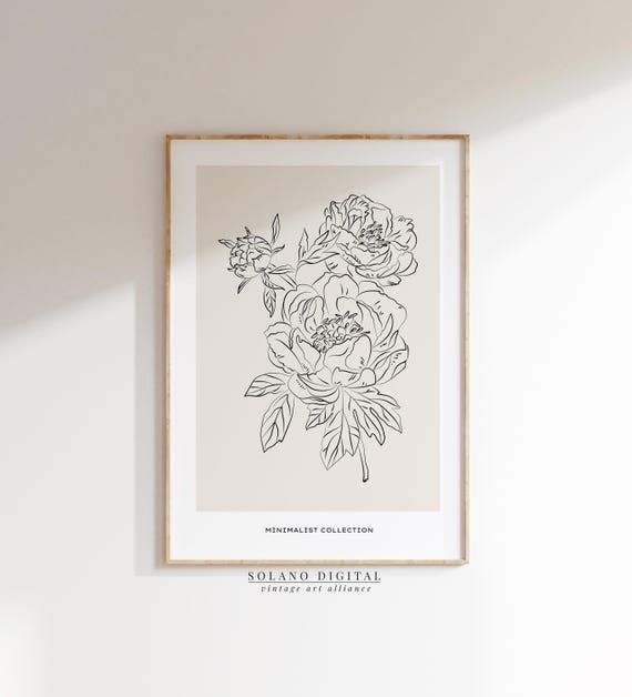 Peony Line Art Minimalist Floral Wall Boho Flower Poster Black And Beige Botanical Print Artwork