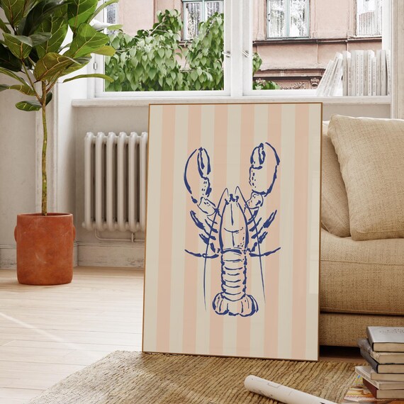 Peach Striped Lobster Illustration Print Wall Art Wall Art Coastal Decor Beach House
