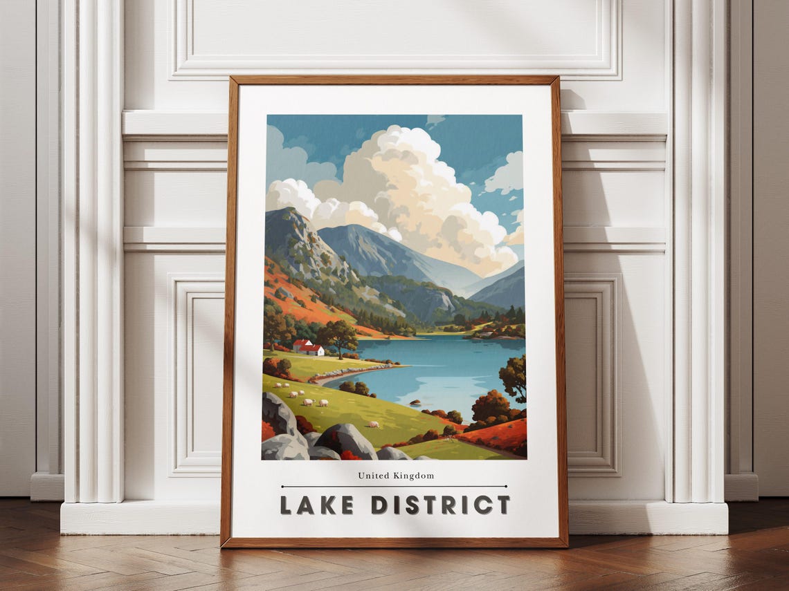 Lake District United Kingdom Mountain Lake Sheep Scenic Travel Poster