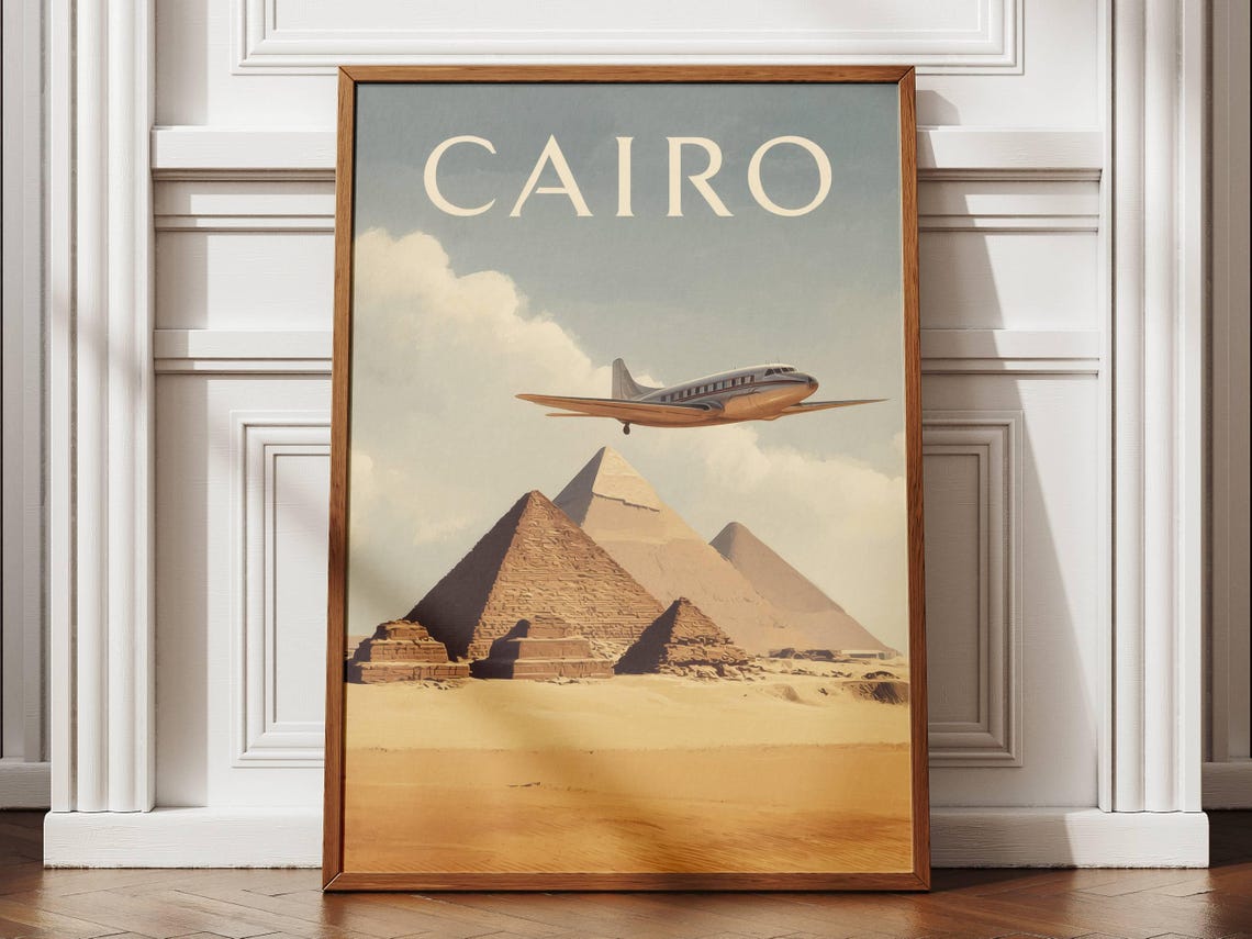 Cairo Egypt Vintage Travel Poster Pyramids Desert Airplane Art