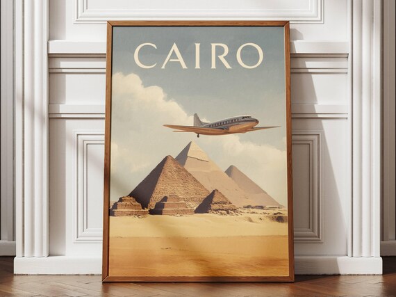 Cairo Egypt Vintage Travel Poster Pyramids Desert Airplane Art