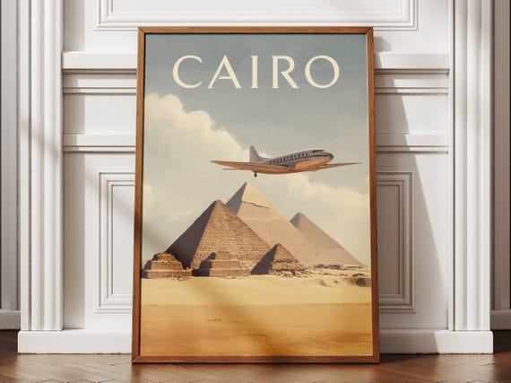Cairo Travel Poster Flat Design Pyramids Desert Nile Wall Art Print Minimal Egyptian Landscape Decor History Gift