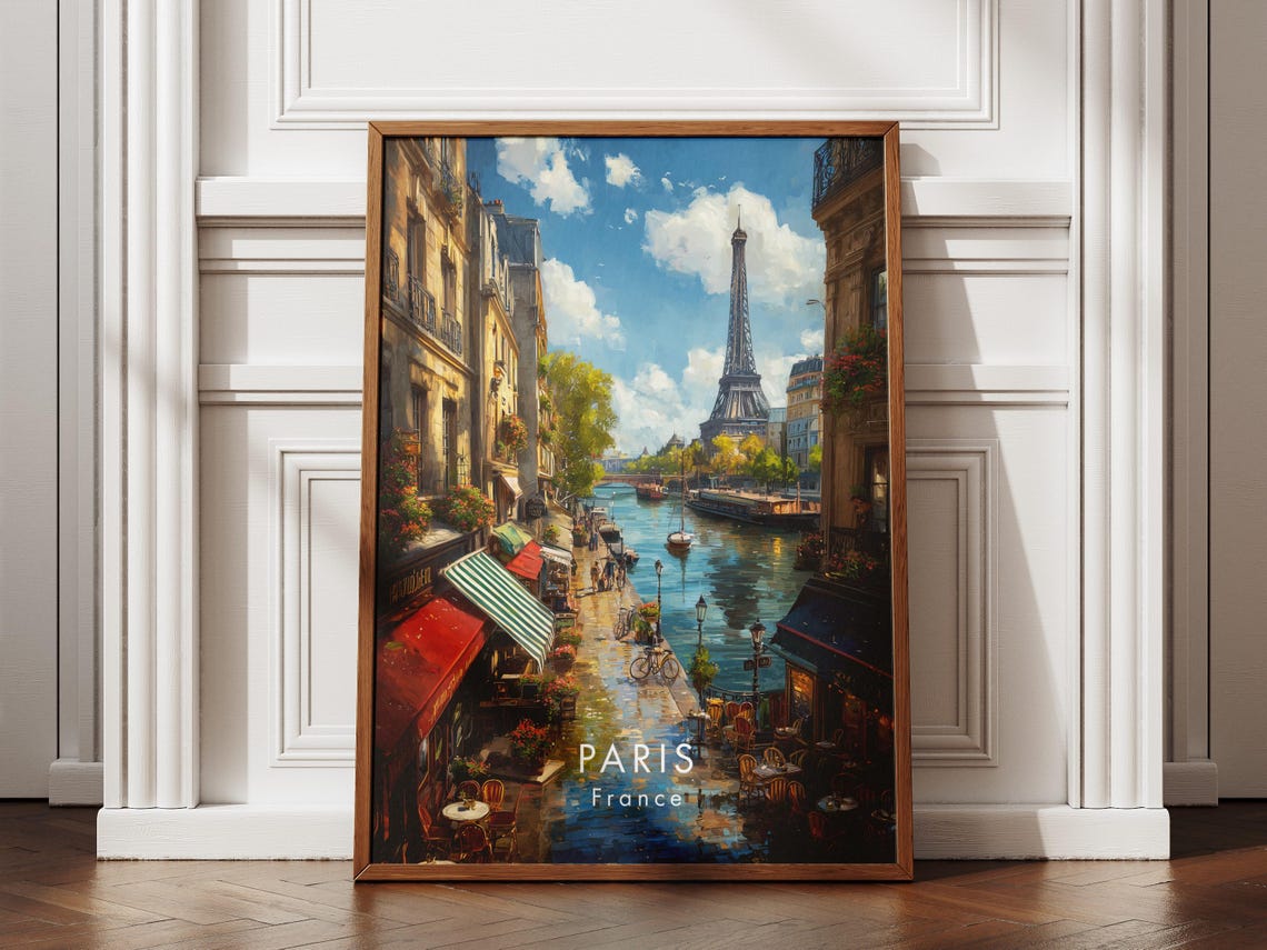 Paris France Eiffel Tower Riverside Cafe Street Travel Poster