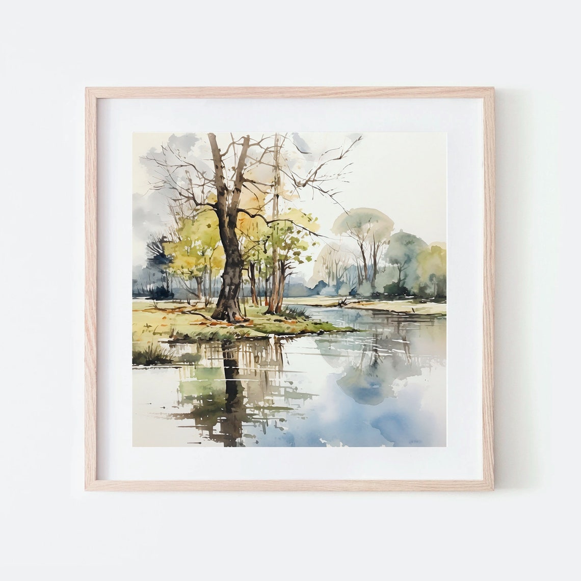 Still Lake Tree Reflection Calm Water Watercolor Minimal Art Print - Image 2