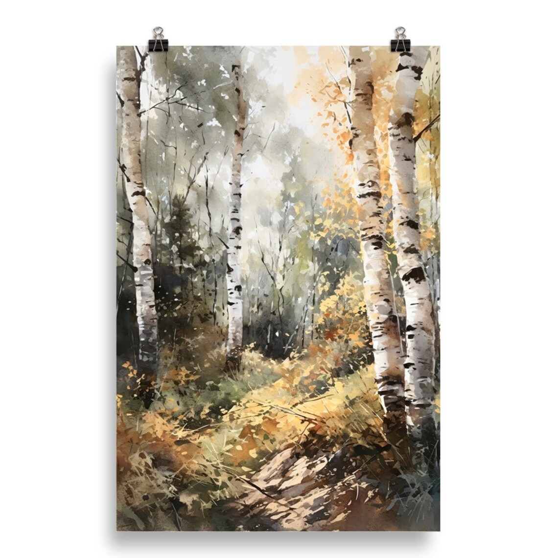 Autumn Birch Grove Golden Ferns Woodland Watercolor Painting Poster - Image 5