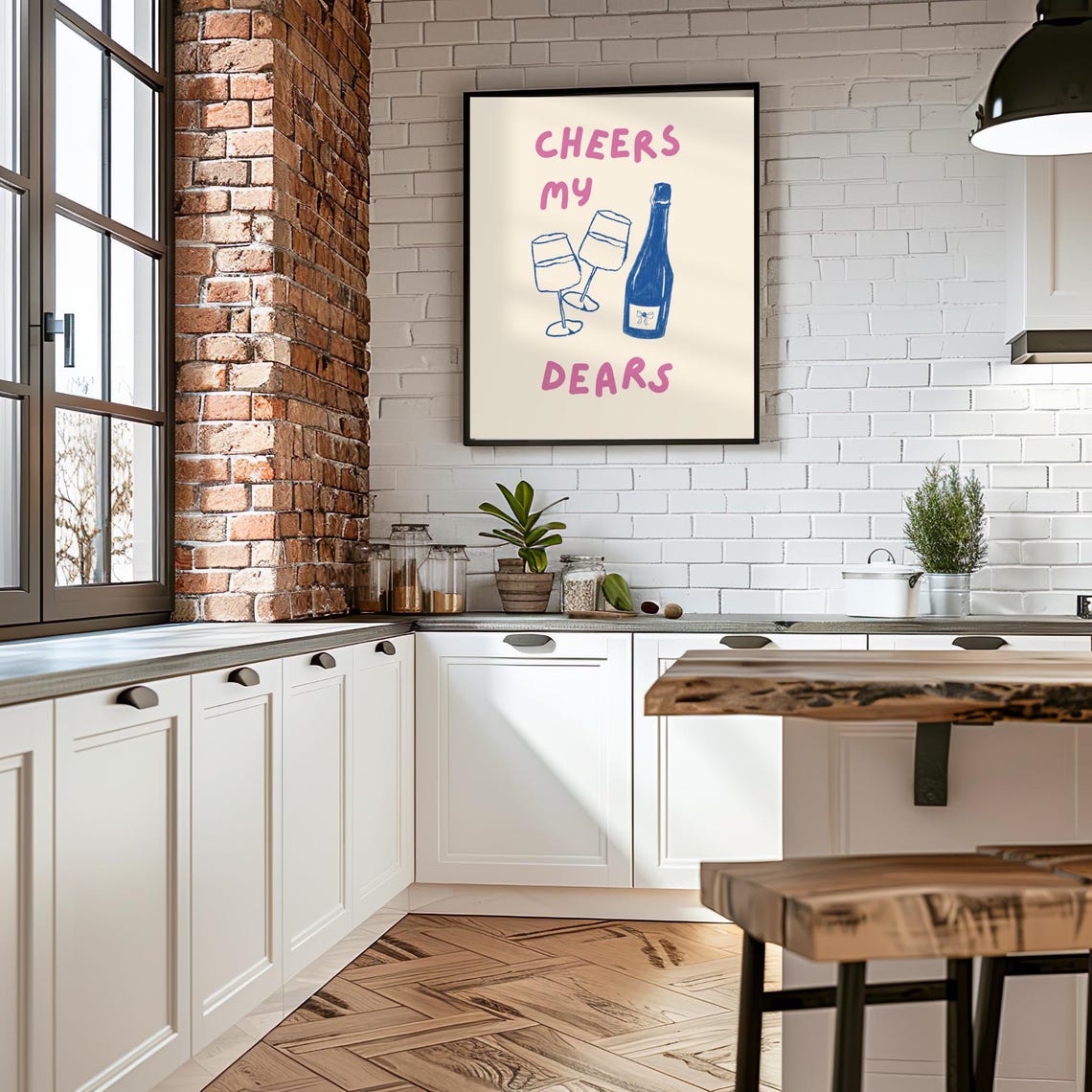 Cheers My Dears Pink Wine Bottle Glasses Bar Cart Quote Poster - Image 4
