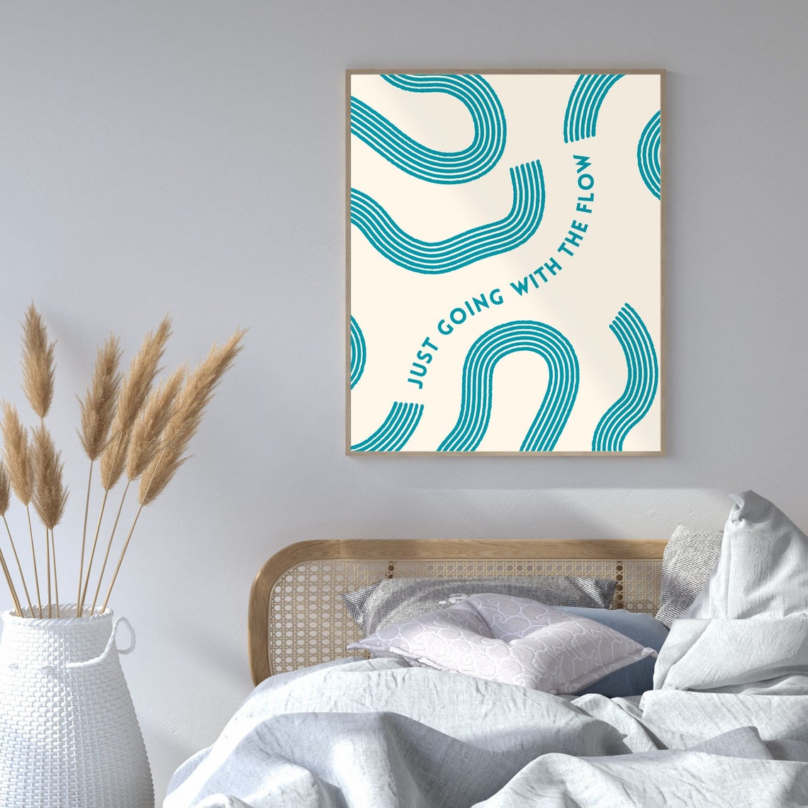 Just Going With The Flow Teal Retro Squiggle Quote Art Poster - Image 2
