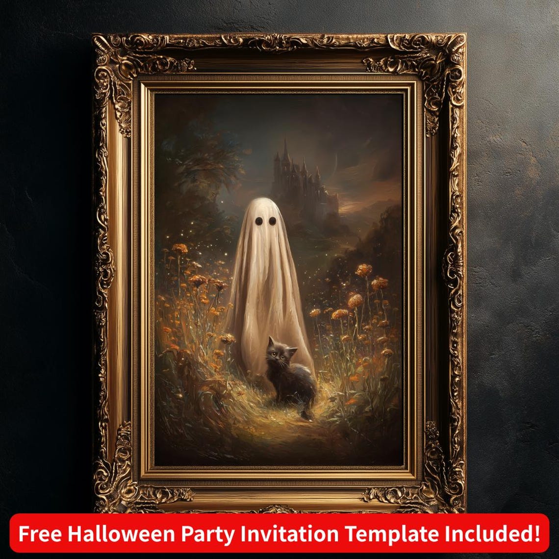 Cute Ghost and Black Kitten Halloween Night Garden Scene Poster