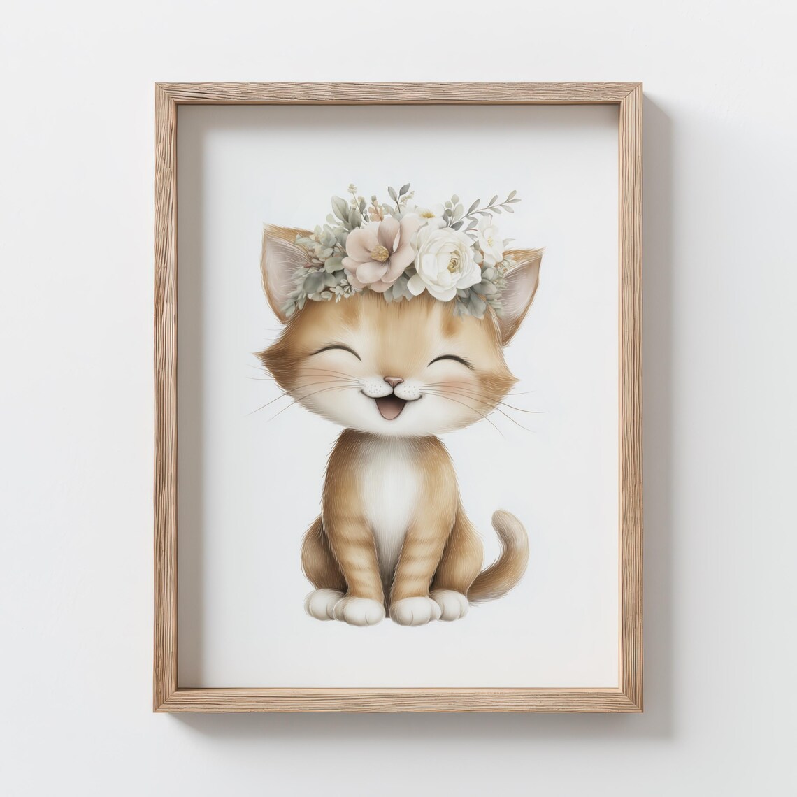 Flower Crown Kitten Sweet Smiling Golden Nursery Cat Art Poster