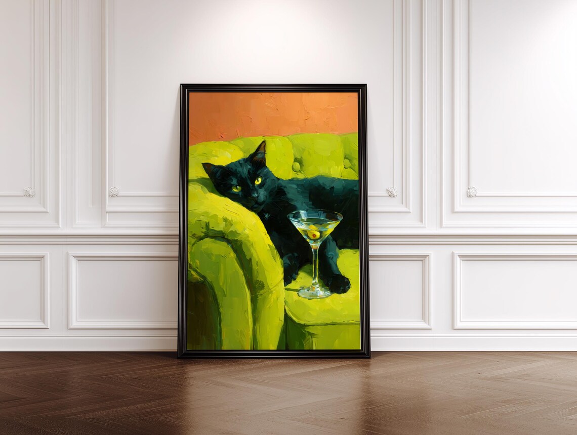 Black Cat Sipping Martini on Lime Green Armchair Retro Fun Poster