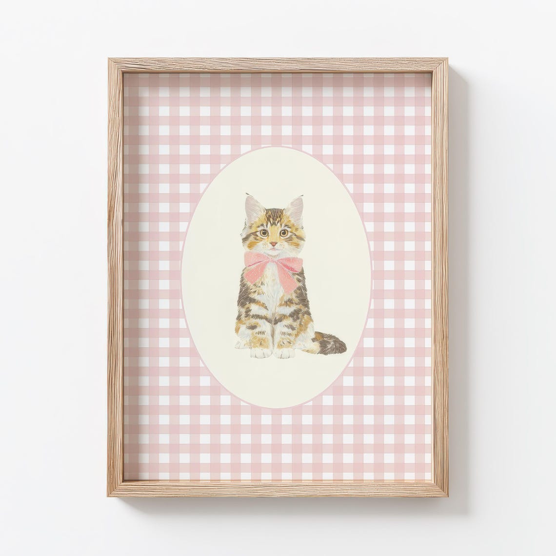 Maine Coon Kitten with Pink Bow on Pink Gingham Nursery Poster