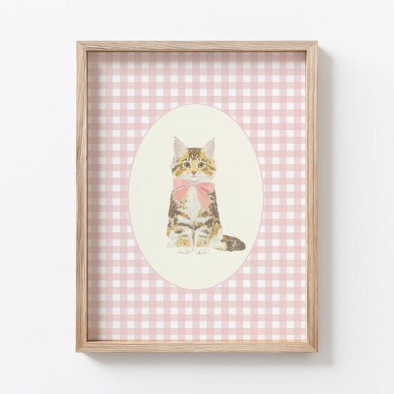 Maine Coon Kitten with Pink Bow on Pink Gingham Nursery Poster