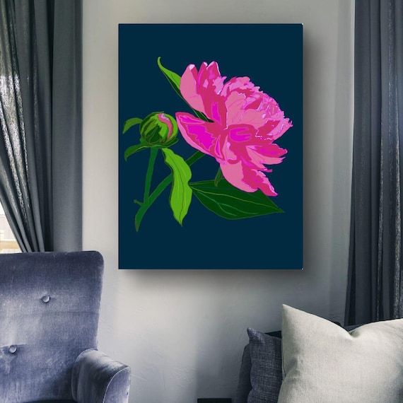 Magenta Peony Bloom on Deep Navy Botanical Print Bold Dark Floral Artwork