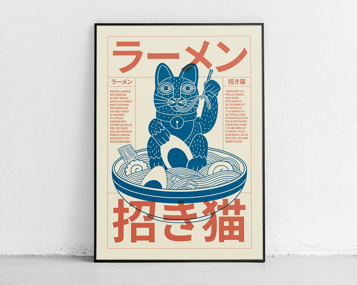 Ramen and Fortune Cat, Modern Minimalist Art Print