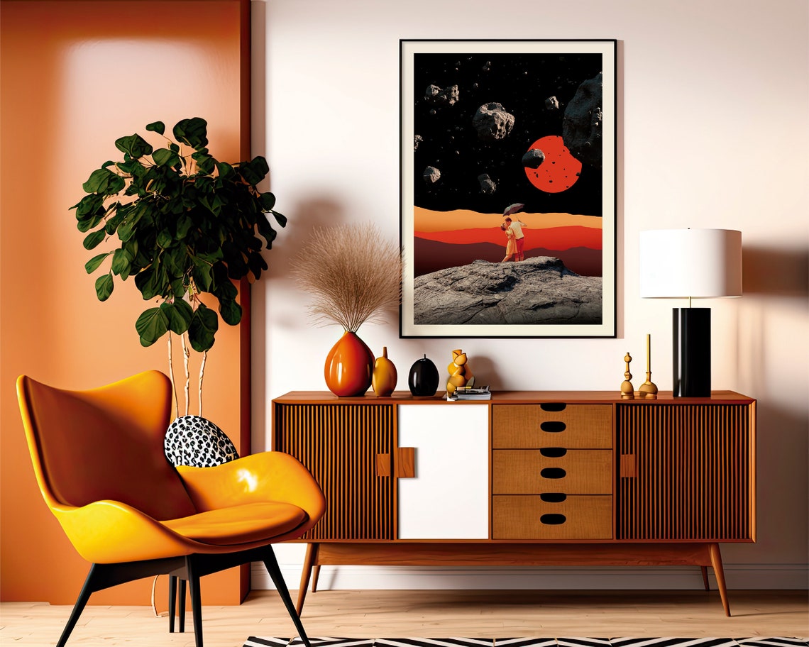 Surreal Space Romance Couple Asteroids Retro Futuristic Art Poster - Image 2