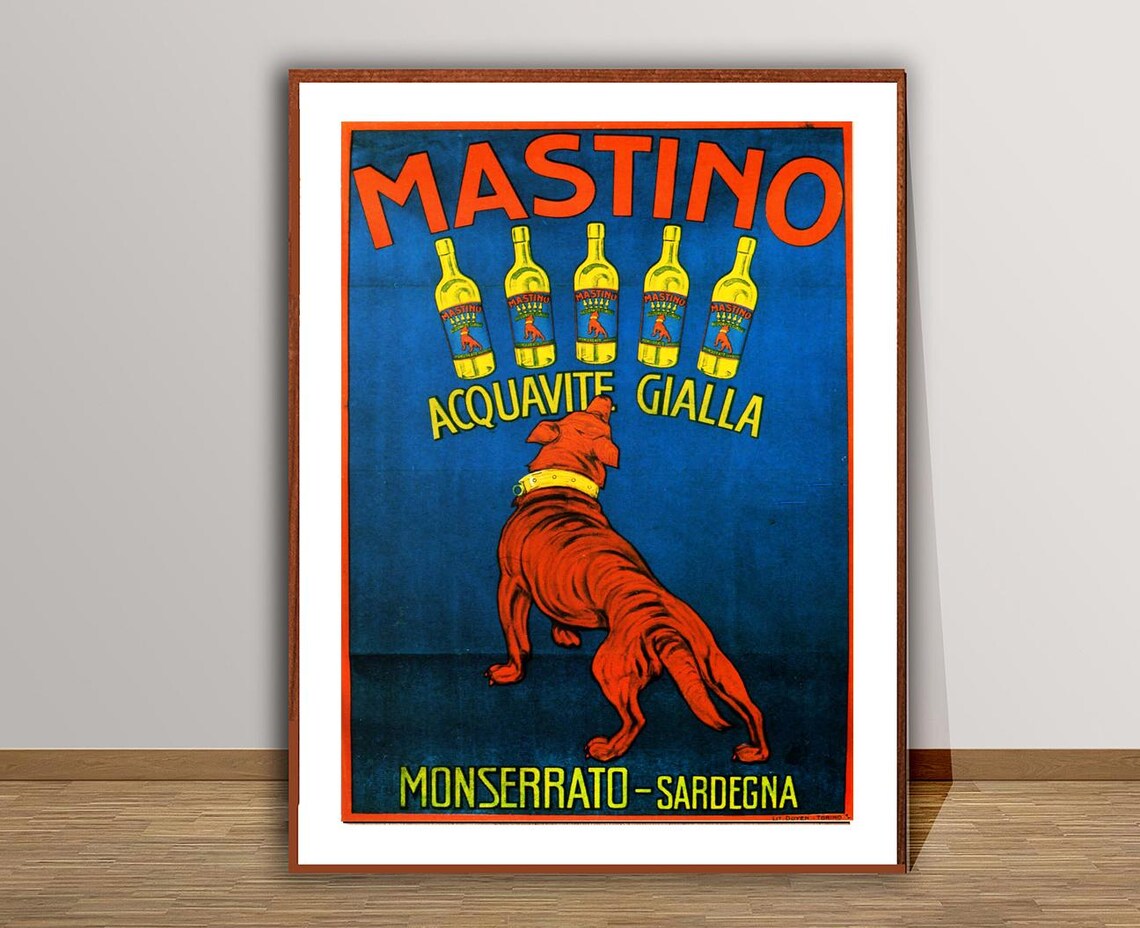 Mastino Acquavite Gialla Red Dog Sardinia Vintage Advertising Poster