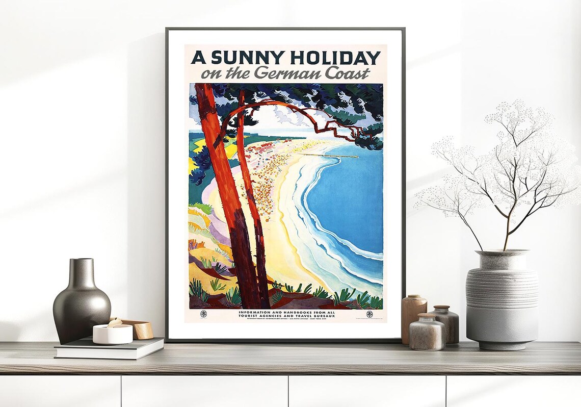 Sunny Holiday German Coast Curved Beach Pines Vintage Travel Poster - Image 2