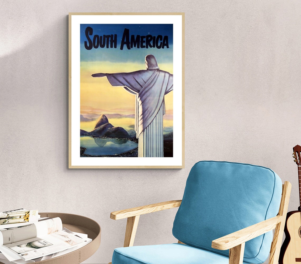 South America Christ The Redeemer Rio Vintage Travel Poster Sunset - Image 2