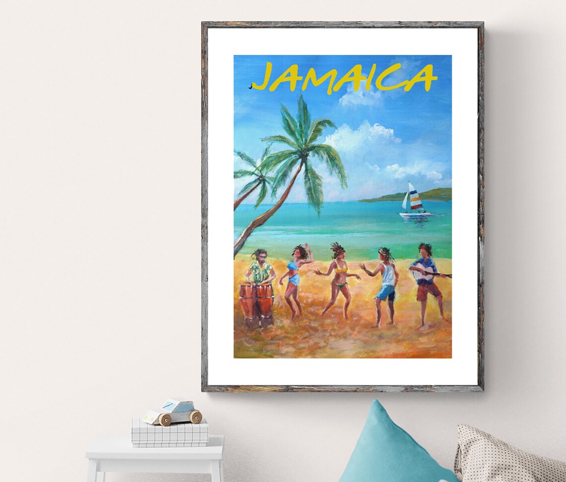 Jamaica Beach Dancers Sailboat Tropical Sunshine Travel Poster