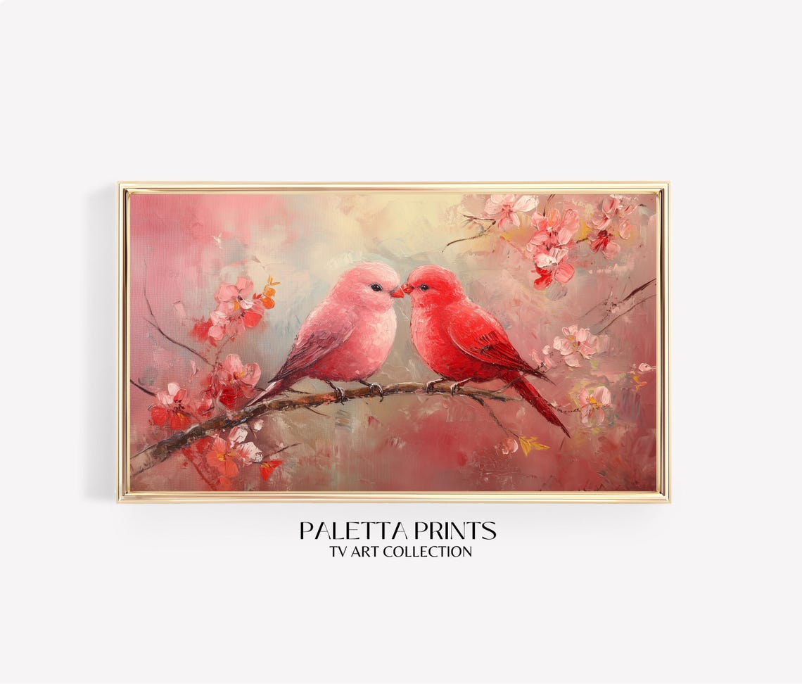 Red Pink Lovebirds Kissing on Cherry Blossom Branch Art Poster